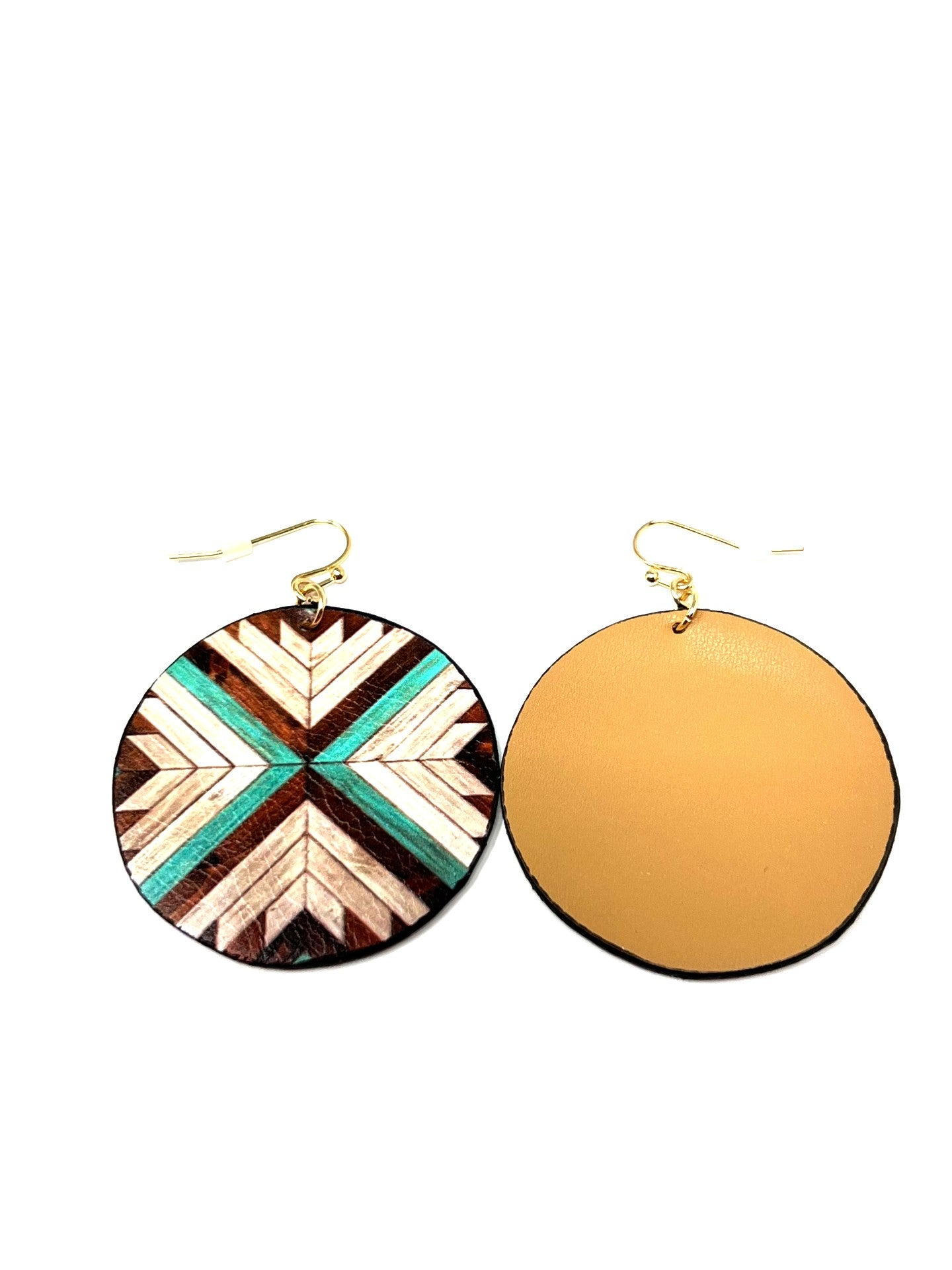 They are a soft faux leather in a teal, brown and cream color. Gold tone hardware connects to a gold tone fishhook.