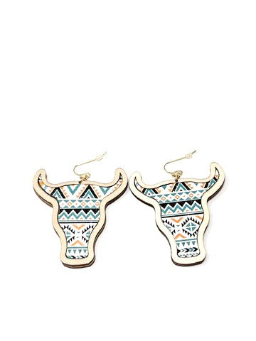 These are cattle head shaped and made of wood. They have a solid wood backing, faux leather, gold tone hardware and fishhook.