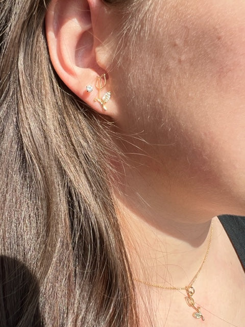 Our tulip earrings are 18k gold filled and pair well with our tulip necklace, gold earrings, gold filled jewelry, gold necklace, nature jewelry, gold jewelry, waterproof gold jewelry, 18k gold filled