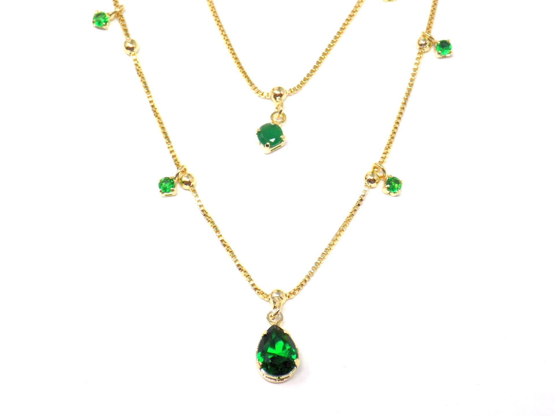 green multi layer, gold necklace, green cz stones, gold necklaces, gold jewelry, gold filled, 18k gold filled