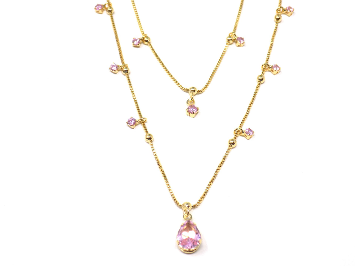 Pink cz stones, pink layer necklace, gold necklace, gold layer necklace, gold jewelry